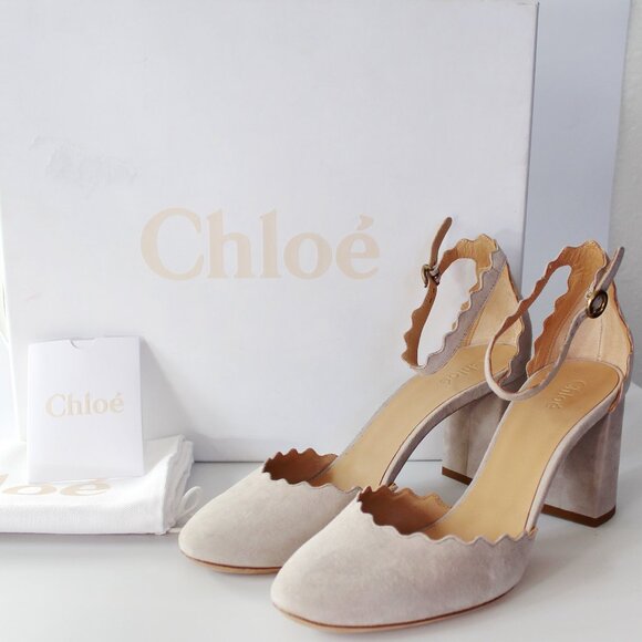 New CHLOE Scalloped d'Orsay Suede Heeled Pumps - Picture 1 of 13